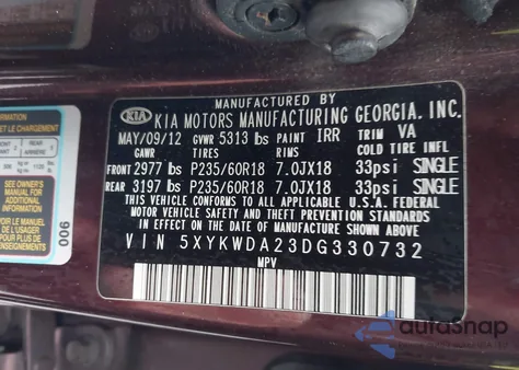 2013 Kia Sorento Sx V6 z USA, uszkodzony, nr VIN 5XYKWDA23DG330732